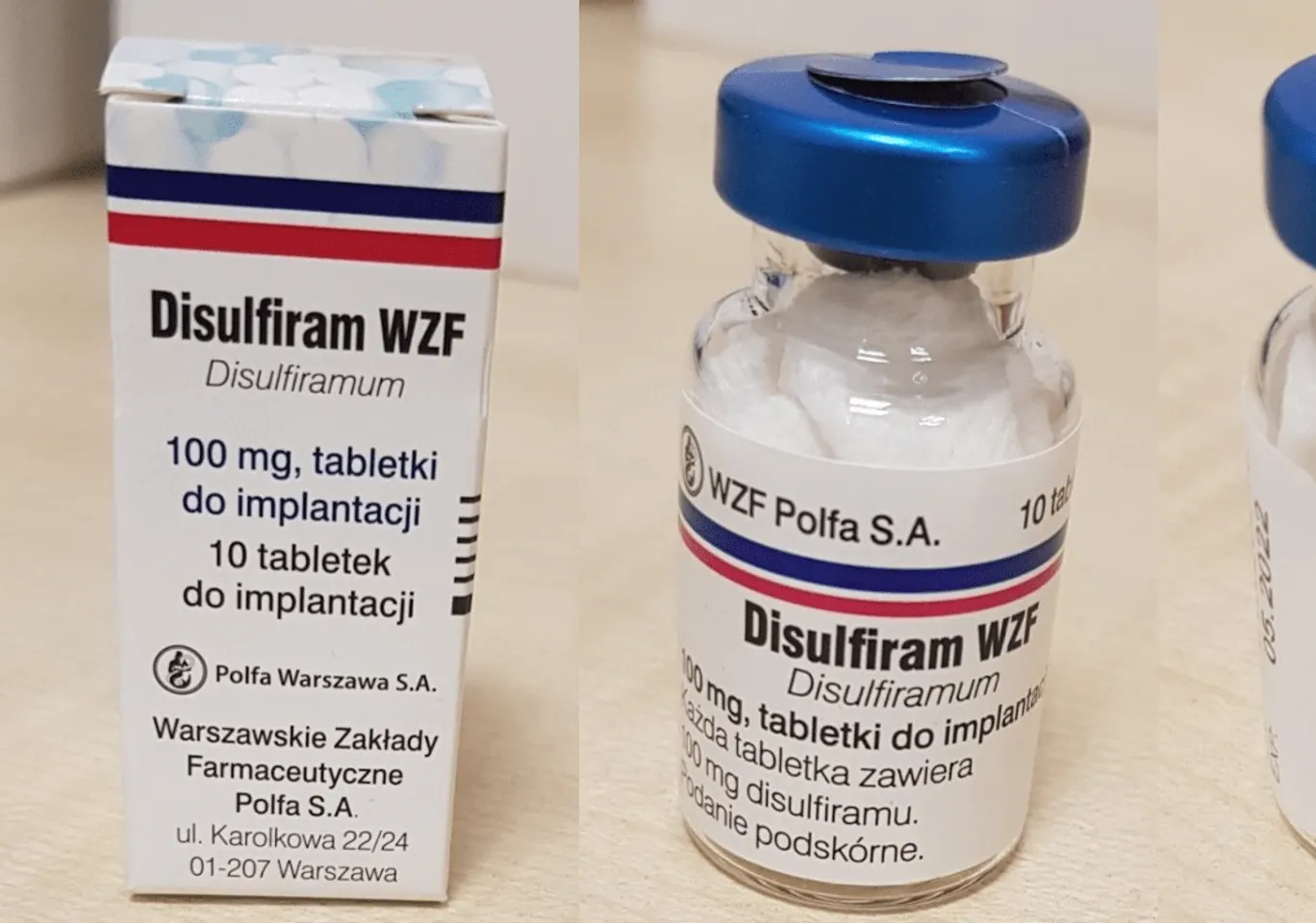 Wszywka alkoholowa Esperal Nowy Sącz: fiolka disulfiramu obok opakowania leku